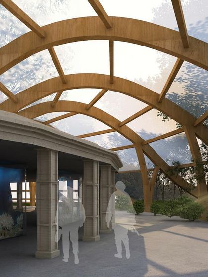 The entrance to the proposed timber conservatory, featuring elegant arched Glulam beams. This showcases how sustainable materials can be used to create inspiring and monumental public architecture.