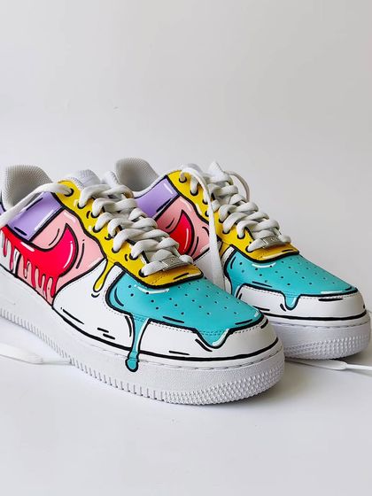 Clean drip AF1s! I love how neat yet funky these turned out. The design features a cartoonish drip effect in pastel colours over a classic white Air Force 1.