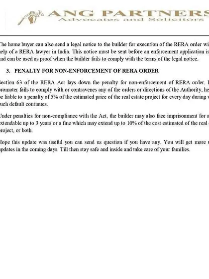 A continuation of our guide on RERA order execution. This section details the penalties for non-enforcement, which can include imprisonment for up to three years or a fine of up to 10% of the project cost, making it a powerful tool for homebuyers.