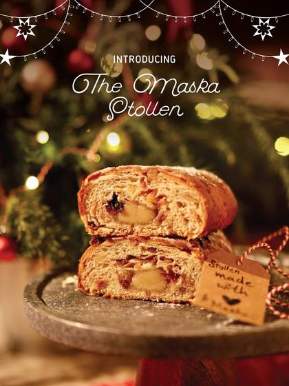 Introducing our Maska Christmas Stollen. This traditional German Christmas bread is dense, moist, and generously studded with rum-soaked fruits and nuts, with a house-made almond marzipan center.