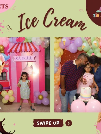 A sweet ice cream themed party for Kairaa! This collage shows the birthday girl and her family celebrating with a beautiful cake in front of a cute ice cream shop backdrop.