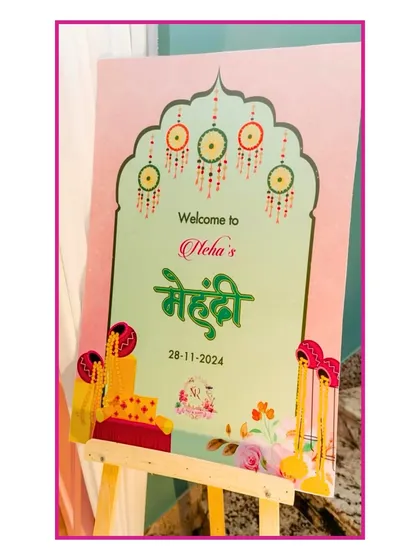 A personalized welcome sign for the bride's Mehendi, incorporating traditional motifs and a pastel color palette.
