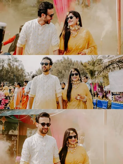 The grand entrance of the couple at their Haldi. This collage shows Sonali and Hemant walking in with style, ready to kick off the celebrations with their friends and family.