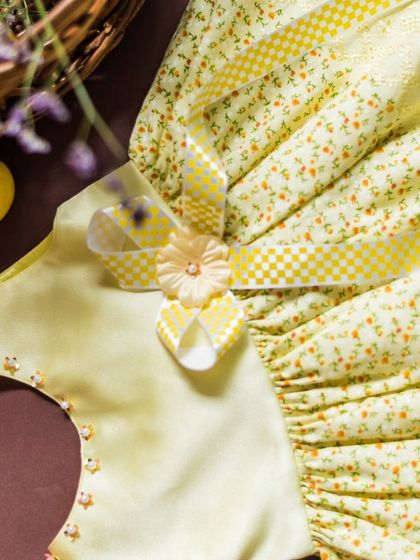 A detailed view of this sunny yellow dress. You can see the delicate beading along the neckline and the carefully constructed ribbon bow with a floral center.