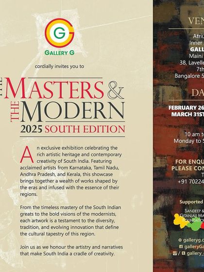 The official invitation to 'The Masters & The Modern 2025: South Edition,' an exclusive exhibition celebrating the rich artistic heritage and contemporary creativity of South India.