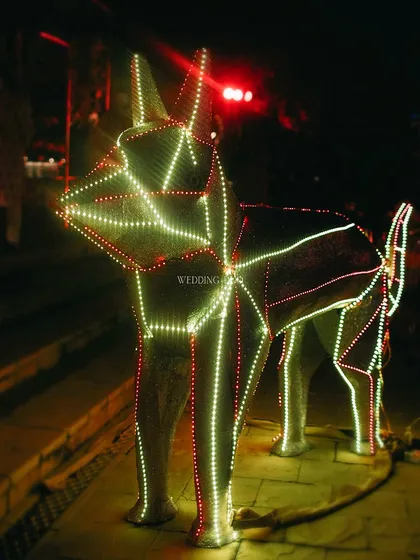 A close-up of our geometric light-up animal installation. These pieces are designed to spark curiosity and add a unique, interactive element to the decor.