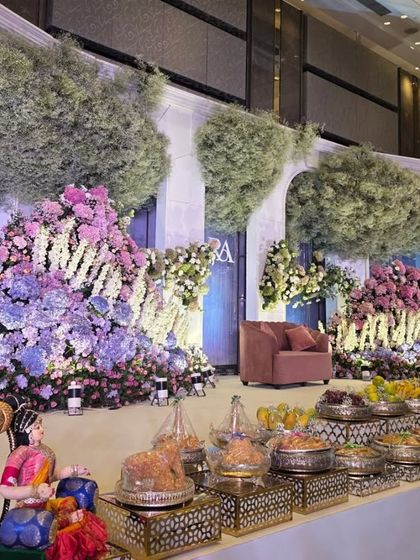 A side view of the dreamy pastel stage, showing the offering table and the soft, romantic lighting.