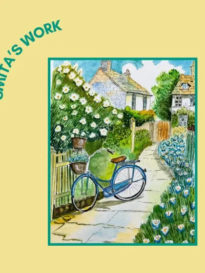A lovely rendition of the country lane scene by our student Smita. Her control of the medium and attention to detail in the flowers and foliage are wonderful.