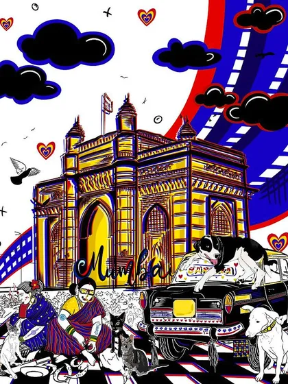 My art is a love letter to Mumbai. This piece brings together the city's icons like the Gateway of India, our famous 'macchiwaalis', and the street animals that I care for deeply.