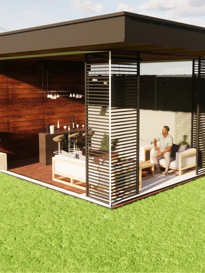 A modern, self-contained garden room with glass walls and an integrated bar. This structure provides a year-round entertainment space that feels connected to the outdoors while offering protection from the elements.