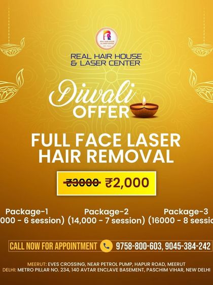 Get ready for Diwali with our special offer on full face laser hair removal. A single session is now just ₹2,000, with packages of 6, 7, or 8 sessions available for even greater savings.