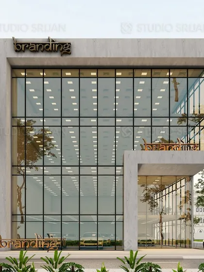 The front elevation of the 436 sq. yard commercial building in Janakpuri. This view highlights the impressive scale of the glass facade, designed to maximize visibility and create a bright, open interior for the businesses within.