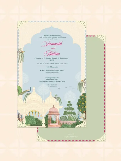 The main invitation for the Jaipur wedding, featuring the groom's artwork of the palace grounds. The card has a beautiful scalloped edge and a patterned back, adding to its unique charm.