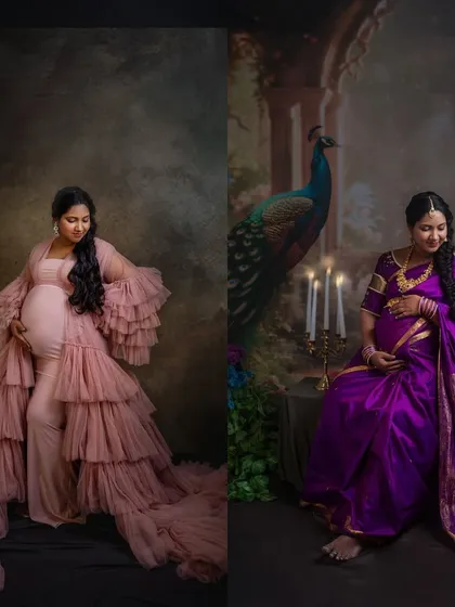 Western or Indian? This image shows a side-by-side comparison of two distinct styles I offer in the studio, a glamorous gown and a traditional saree.