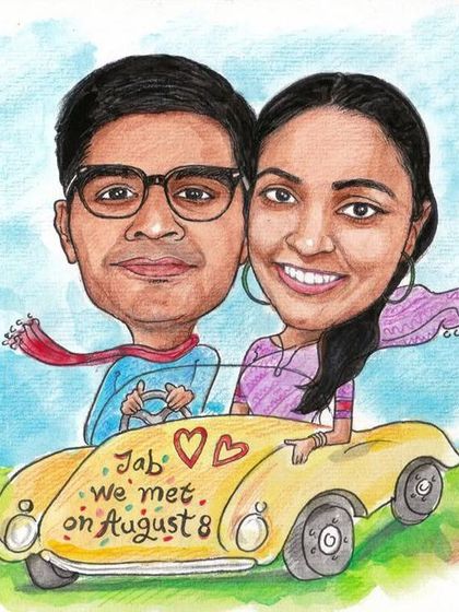 A cute caricature gift for a young couple, commemorating the date they met with a fun car ride scene.