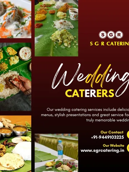 Our wedding catering services include delicious menus and stylish presentations for a truly memorable wedding. This collage shows various food items, from traditional sadhya to dahi vadas.