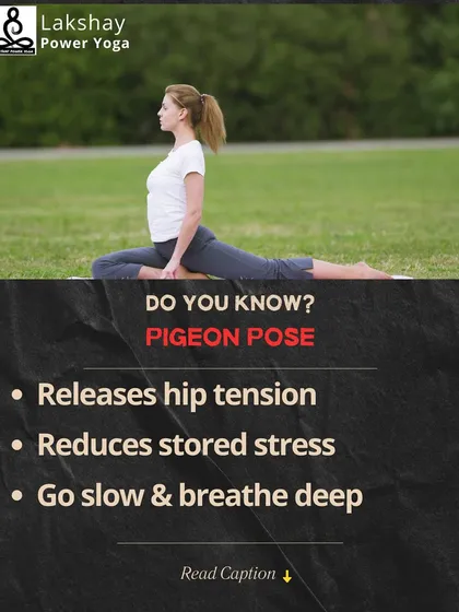An infographic explaining the benefits of Pigeon Pose for releasing hip tension and stored stress.