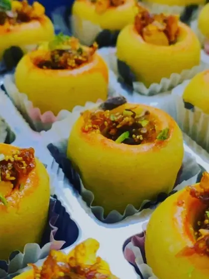 A look at one of our more unique creations. These apple-shaped sweets are filled with a rich mixture of nuts and dried fruits, making them as beautiful to look at as they are delicious to eat.