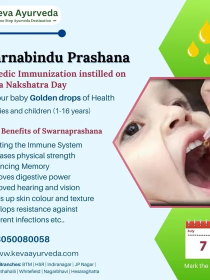 This is an announcement for a past Swarnabindu Prashana event, showing a child receiving the drops. It details the extensive health benefits, such as improved digestive power and developing resistance against recurrent infections.