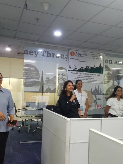 Our instructors engaging with employees at Integrated Personnel Services (IPS Group) in Goregaon. We create a friendly and interactive environment to make yoga accessible and enjoyable for everyone in the office.