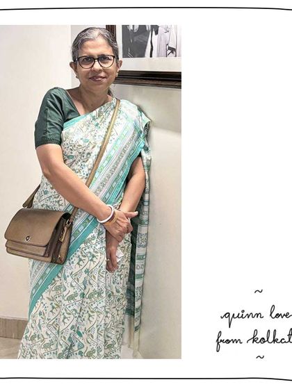 A gift from one patron to another. Prapti's mother in Kolkata looks so elegant with her Quinn sling in a subtle Bronze leather.