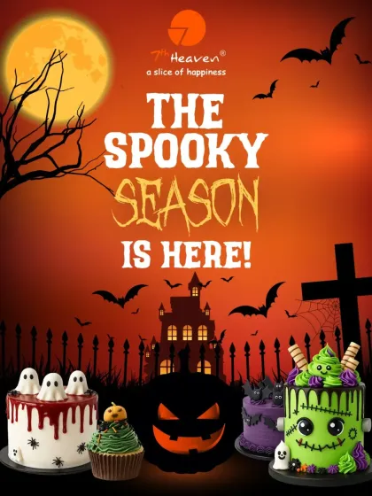 The spooky season is here. This graphic showcases our collection of Halloween-themed cakes, including a ghost-topped drip cake and a Frankenstein monster cake.