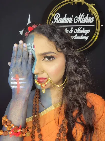 A powerful and direct look at the camera, showcasing the confidence and artistry involved in this thematic makeup.
