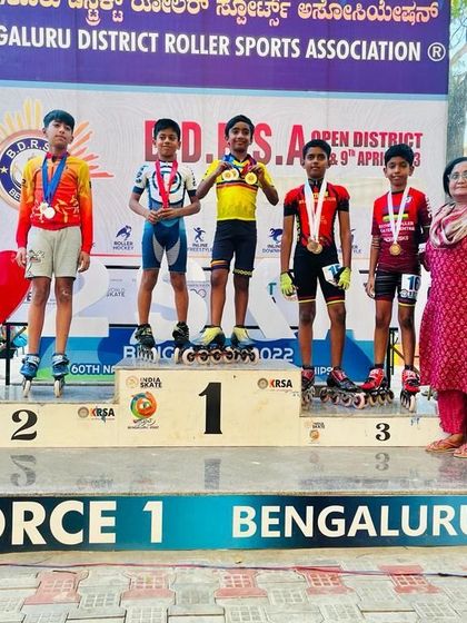 The boys' podium at the Bengaluru District Roller Sports Association selections, with our skaters taking top spots.
