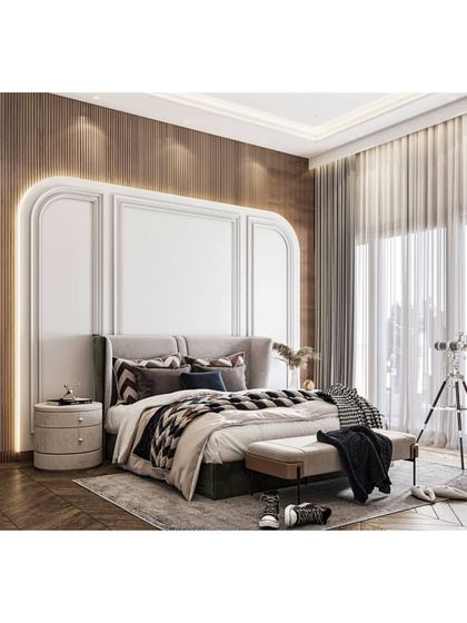 A bedroom render that blends classic architectural details like wall molding with modern furniture. The telescope accessory adds a personal touch, which we can incorporate to make a space feel unique.