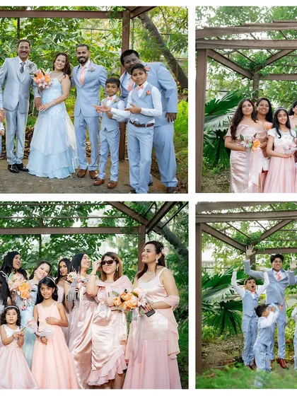 A large collage of family portraits from an anniversary celebration, capturing the joy of multiple generations together.