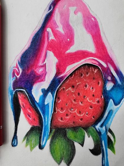 A close-up of the dripping strawberry illustration, showing the glossy texture of the syrup and the detailed seeds of the fruit.