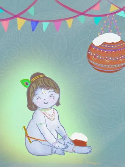 A slight variation in the color palette for my baby Krishna piece. The soft green and blue tones create a calm and serene atmosphere for the young god.