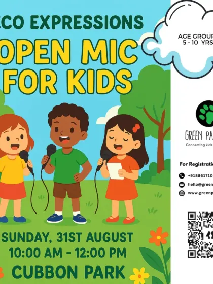An announcement for our special "Eco Expressions" Open Mic for kids. This event takes our storytelling theme a step further, empowering children to share their own nature-inspired poems and stories.