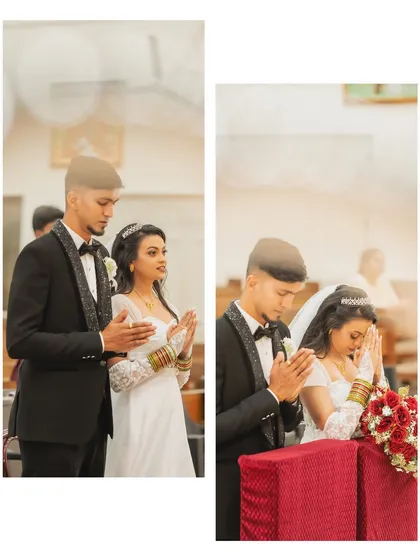 A diptych of the bride and groom in prayer during their Catholic wedding ceremony. These quiet, reverent moments are an essential part of the wedding story.