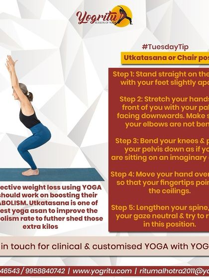 To lose weight effectively with yoga, boosting your metabolism is key. This graphic explains the steps for Utkatasana, or Chair Pose, one of the best asanas for improving the metabolic rate to shed extra kilos.