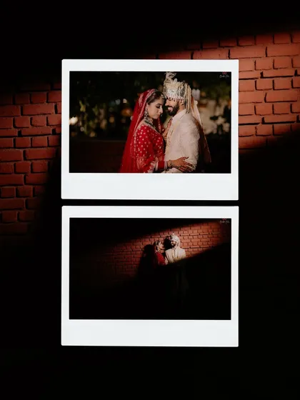 A creative wedding portrait presented as two Polaroid-style photos against a brick wall, capturing both a close-up and a wide shot of the couple.