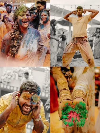 When a Haldi ceremony turns into a vibrant color festival. This collage shows the pure, unadulterated fun of a modern celebration, capturing the laughter, dancing, and colorful chaos that make these moments so memorable.