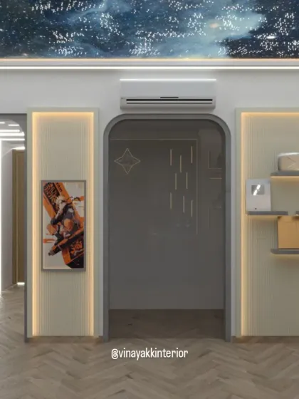 A 3D render of a futuristic entryway and gaming room corridor. The starry ceiling, integrated LED strip lighting, and modern art create a sophisticated and imaginative atmosphere, setting the tone for the rest of the space.
