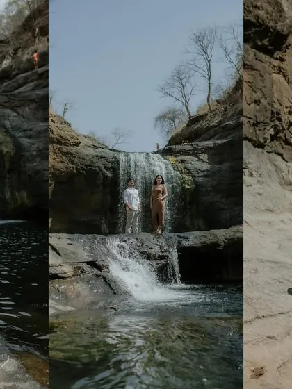 A collage of three moments from a waterfall couple session. It shows a range of poses, from standing portraits to a relaxed, intimate embrace on the rocks.