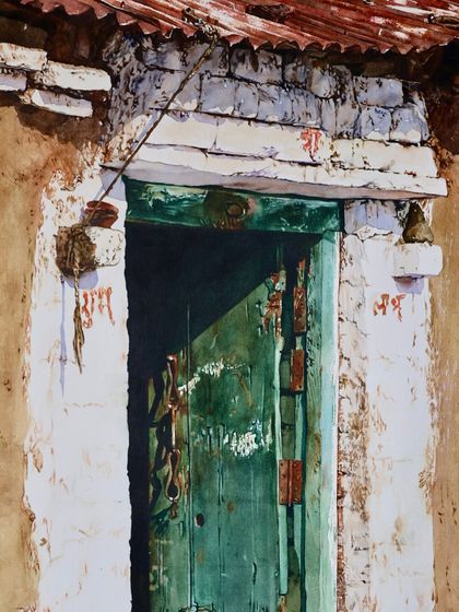 A detail shot from a 2021 watercolor, focusing on a weathered green door. The peeling paint and the "Ram" written on the wall tell a story of faith and time.