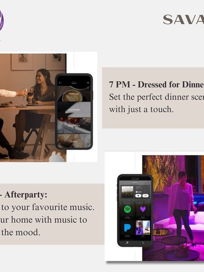 As evening arrives, a "Dressed for Dinner" scene at 7 PM sets the perfect dining ambiance. Later, an "Afterparty" scene at 9 PM fills your home with music to match the mood.