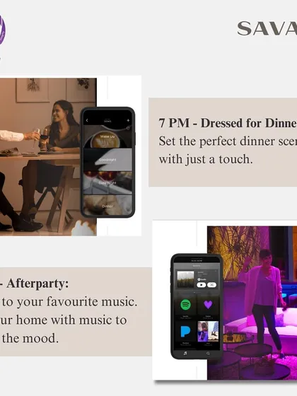 This image shows how Savant Scenes can orchestrate your entire evening. At 7 PM, a "Dressed for Dinner" scene sets the mood, and at 9 PM, an "Afterparty" scene fills your home with music.