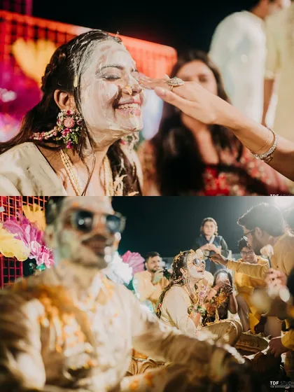 A collage showing the fun and messy moments of a Haldi ceremony. From getting smeared with turmeric paste to laughing with friends, these are the memories that will be cherished forever.