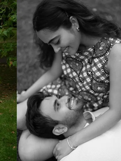 A collage showing tender moments from their time in the park and on the bridge. The black and white center image of the groom lying in the bride's lap is particularly intimate and sweet.