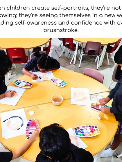 Children at a round table are absorbed in painting their self-portraits. This activity helps build self-awareness and confidence with every brushstroke, fostering a deeper connection with their own identity.