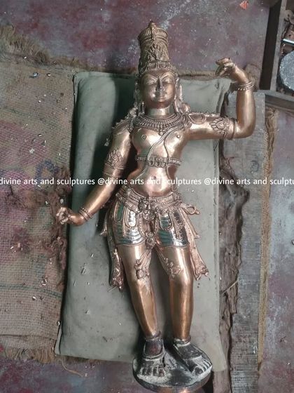 A work-in-progress shot of the 28-inch Rama statue. The freshly cast bronze figure is being meticulously filed and detailed by our artisans to achieve a flawless finish.