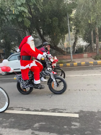 Santa on his decorated fat bike, a highlight of our annual Christmas ride.