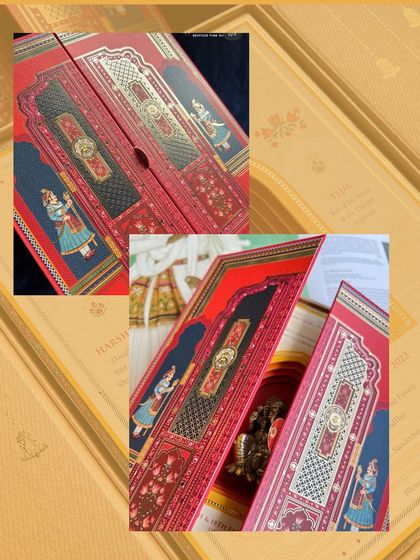 A collage of a royal-themed wedding invitation, designed like palace doors that open to reveal the invitation suite.