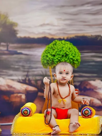 A beautifully composed shot capturing the entire serene setup for our Swami Samarth photoshoot.