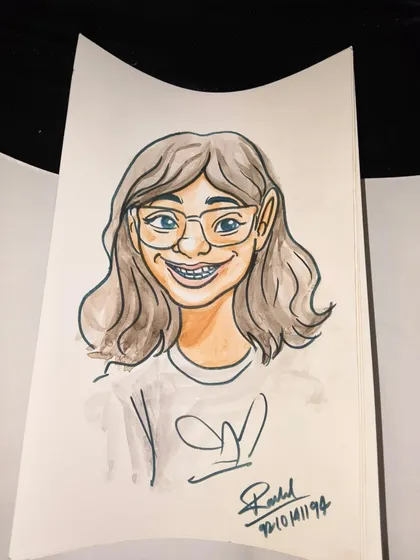 A finished watercolor caricature of a smiling guest, showcasing the fun and artistic style our artists can provide.